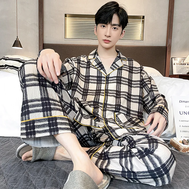 2024 New Spring Cotton Plaid Pajama Set For Men Long Sleeve Cardigan Trousers Homewear Big Size L-3XL Pjs Loungewear Homme