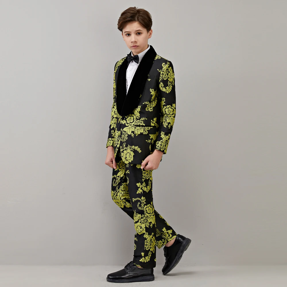 Formal Children's Dress Suit Set Flower Handsome Host Catwalk Wedding Costume Kids Blazer Pants Boys Black Lapel Jacket 2PCS