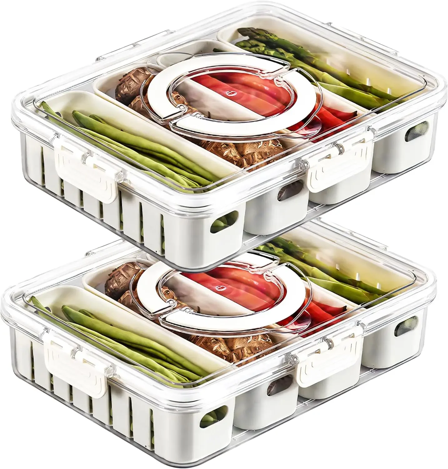 

2Pack Divided Veggie Tray W/ Lid and Handle 4 Compartment Serving Tray W/ Dividers Portable Travel Snack Storage Vegetable,Salad