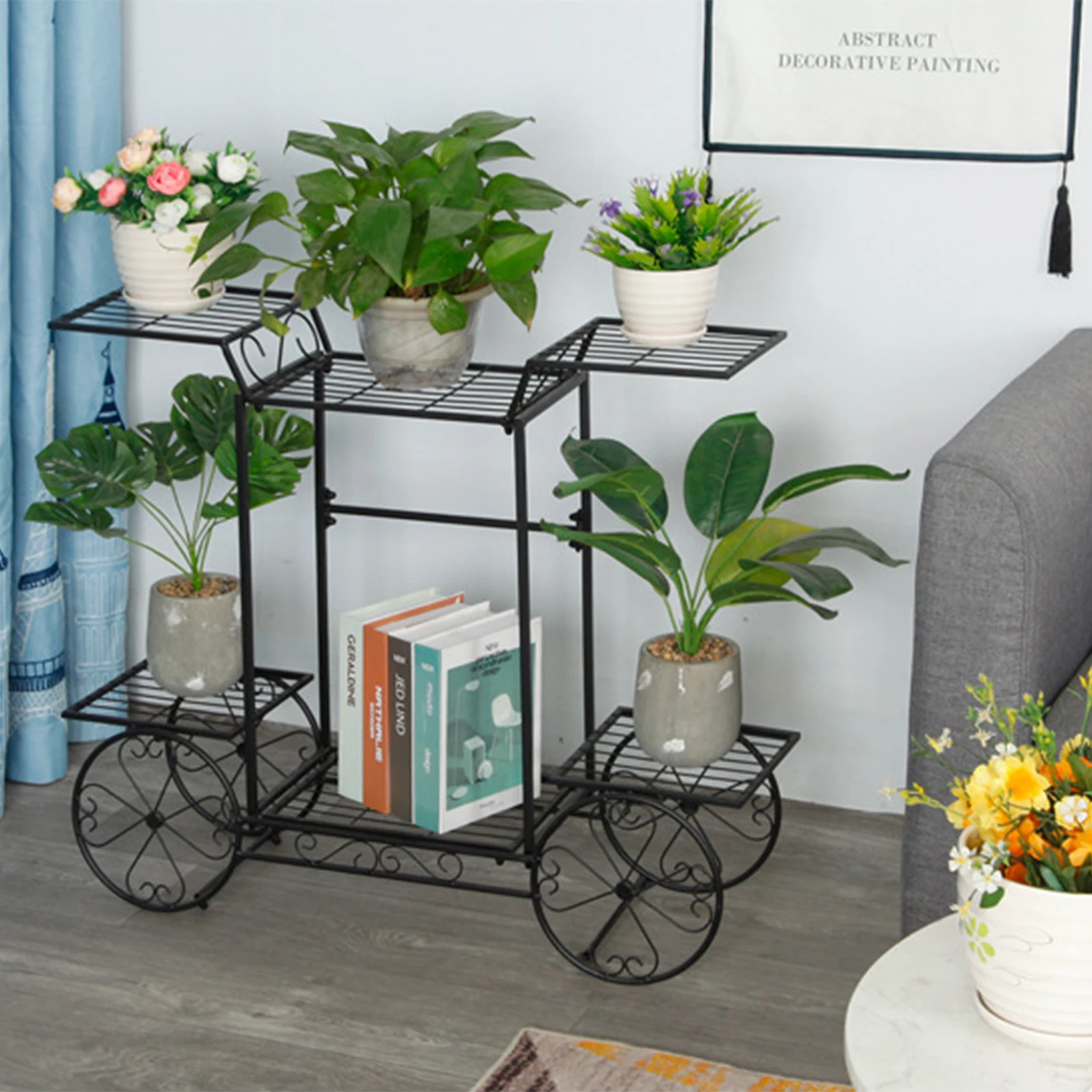 Plant Stands Indoor Metal with 4 Decorative Wheels Plant Shelf Stand Flower Holder Outdoor Potted Planters Display Rack