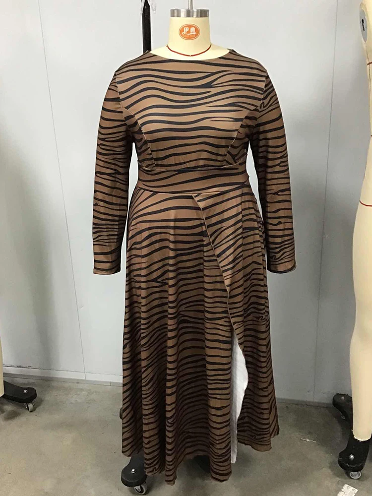 

Plus Size Women's Long Dresses Pleated A-Line Business Casual Water Ripples Round Neck Long Sleeve Split Maxi Dress 2025