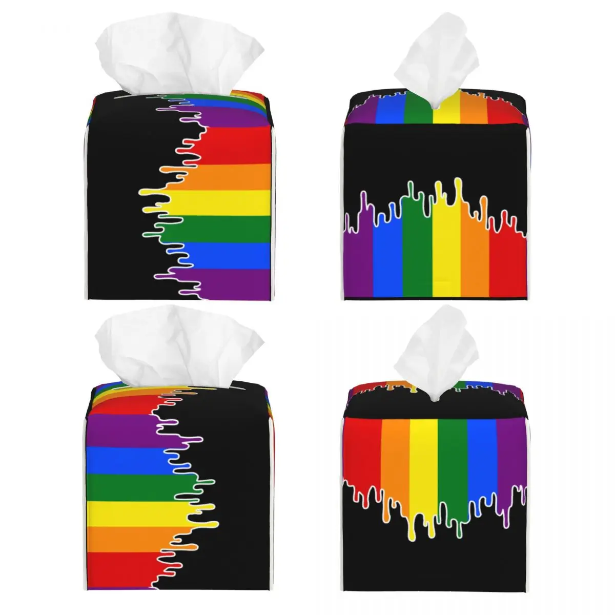 Custom Gay Pride Flag Drip Design Tissue Box Cover PU Leather Square LGBT Rainbow Lesbian Facial Tissues Holder for Home