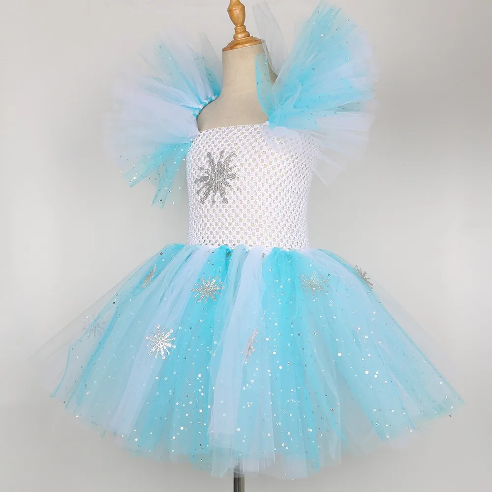 2024 Princess Skirt Girls\' Frozen Costume Sequin Snowflake Mesh Puff Skirt Children\'s Performance Costume