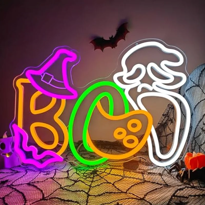 

Halloween Boo Ghost Face Neon Sign for Wall Decor Bat Witch Hat Ghost Neon Light for Window Halloween Party Man Cave Game Room