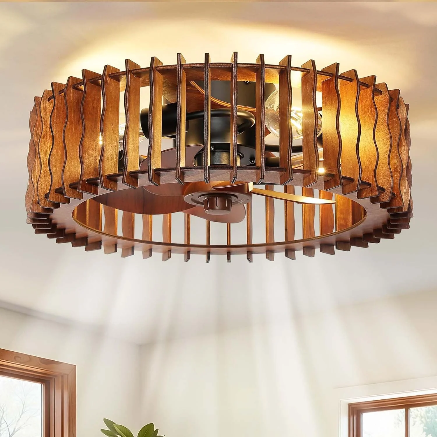 LED Energy Saving Modern Ceiling Light Wabi-Sabi Wooden Retro Creative 110V /220V Craft Ceiling Fan Light for Bedroom Home Decor