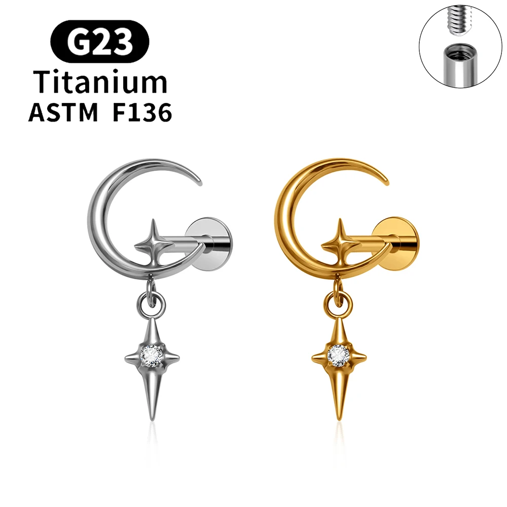 

ASTM F136 Titanium Moon Design Zircon Pendant Flat Back Stud Earring 16G Ear Cartilage Tragus Helix Conch Lobe Piercing Jewelry