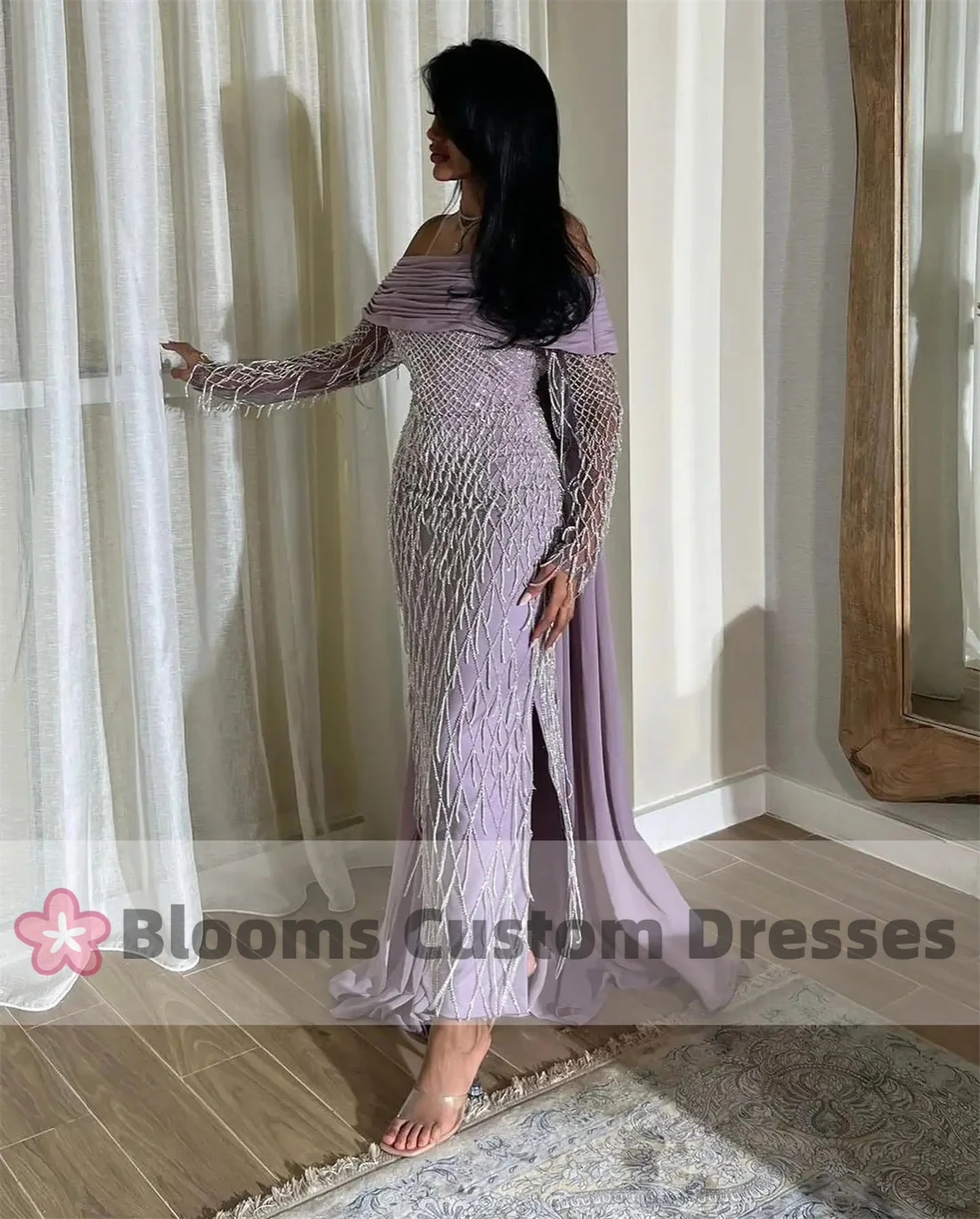 Blooms Off Shoulder Customized Prom Dress Saudi Women Shiny Tassels Party Evening Dresses Long Sleeves Formal Occasion Gown