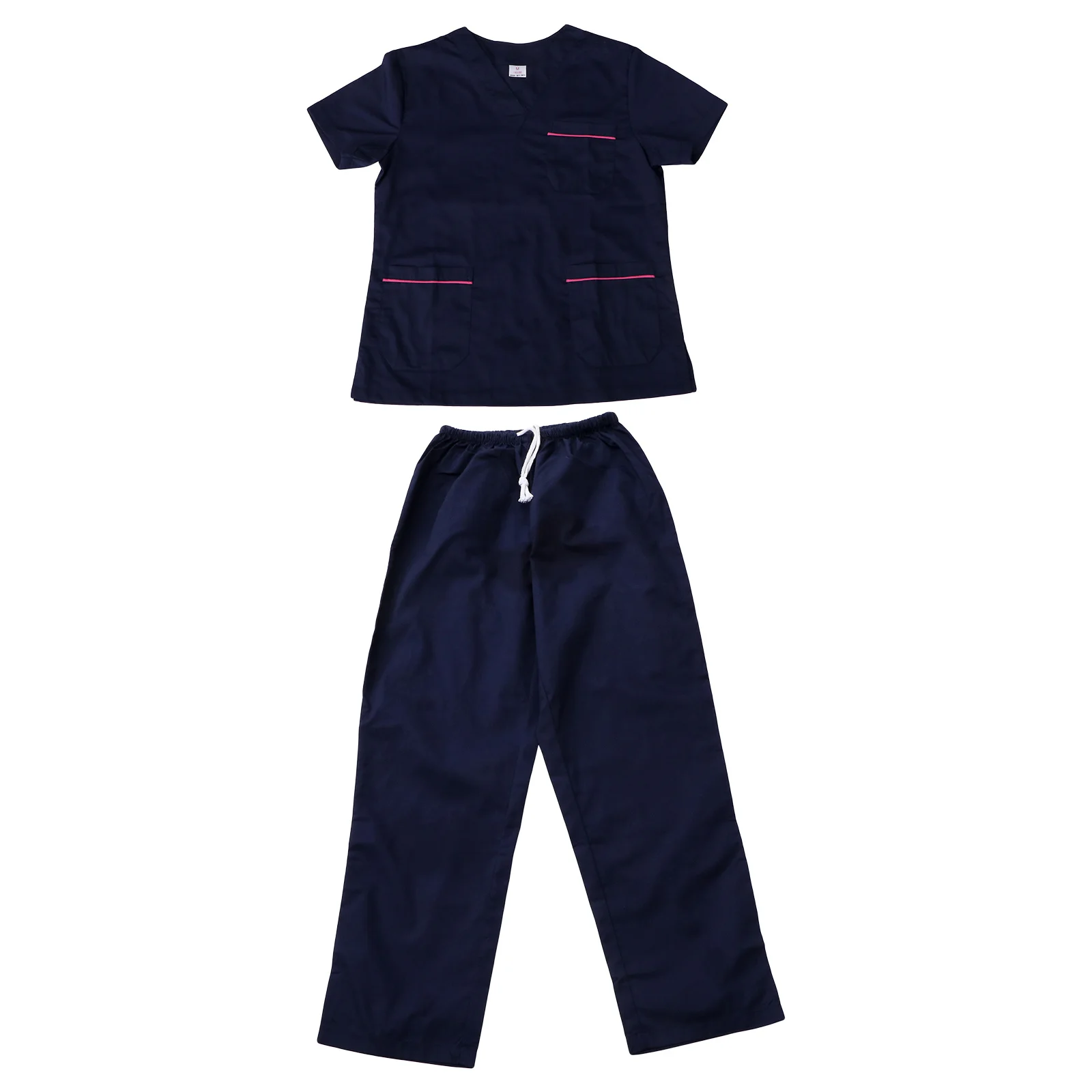 1 set blu scuro in due pezzi uniforme infermieristica in cotone manica corta con scollo a V tuta da lavoro ospedaliera leggera e traspirante