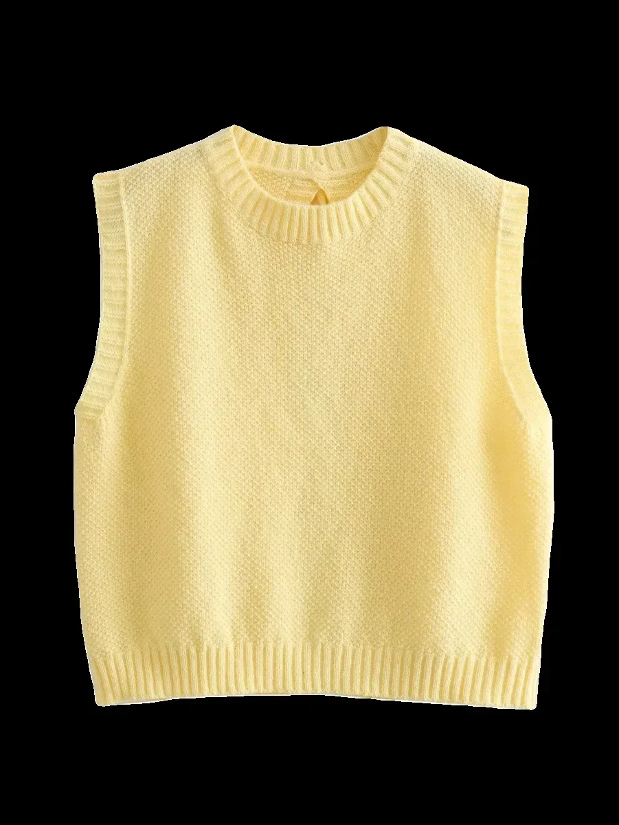 Yellow Knit O-neck Sleeveless Cropped Top Vest Sexy Backless Lace Up Casual Elegant Pullover 2023 Summer Autumn Chic Knitwears