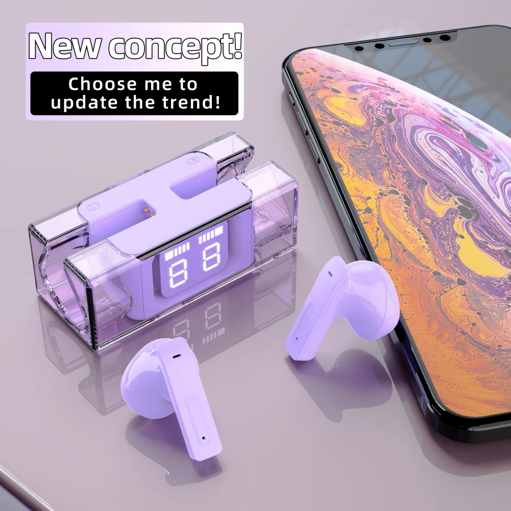 Clear Wireless Gaming Earbuds BT5.2 Dual Stereo HiFi Headphone with Charging Case Sport LED Digital Display In-ear Earphone E89