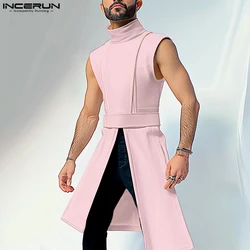 Fashion Casual Style Tops INCERUN Men Deconstruction Semi High Neck Sleeveless Tank Tops Streetwear Male Long-style Solid Vests