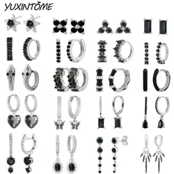 Pendientes de aro pequeños de Plata de Ley 925 para mujer, aretes de oro de 24K, joyería de tendencia, accesorios para la oreja, serie negra Punk
