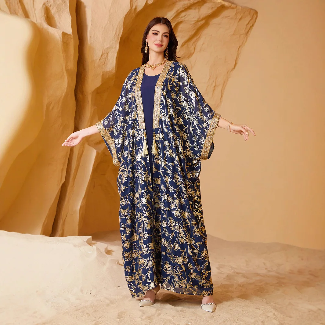 

Модное повседневное мусульманское женское платье, европейский и американский летний бронзовый халат, женский сценический костюм, комплект аксессуаров