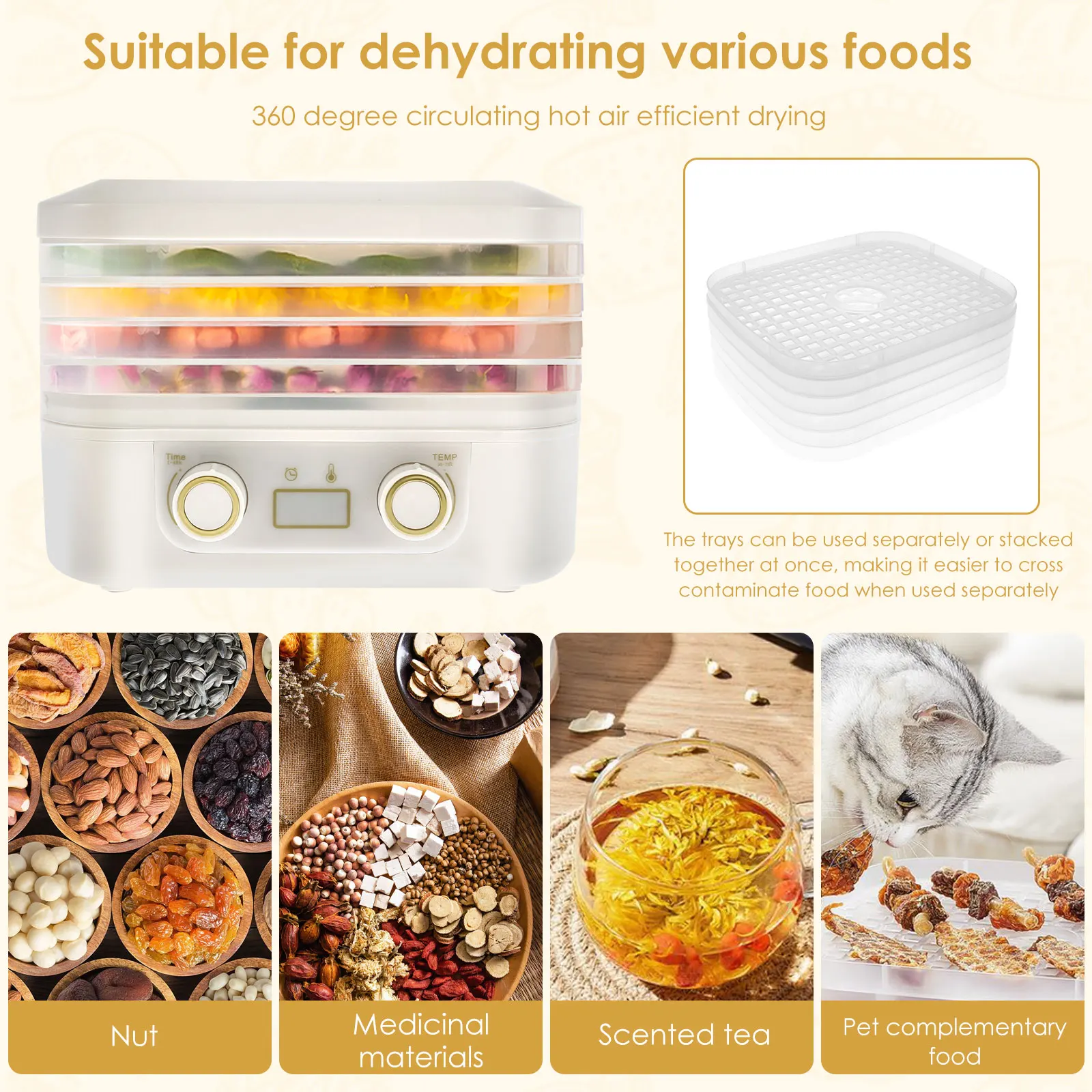 Food Dehydrator 5 Tray Food Dryer Machine Temperature Adjustable Freeze Dried Machine Quiet Freeze Dryer with LCD Display Timer