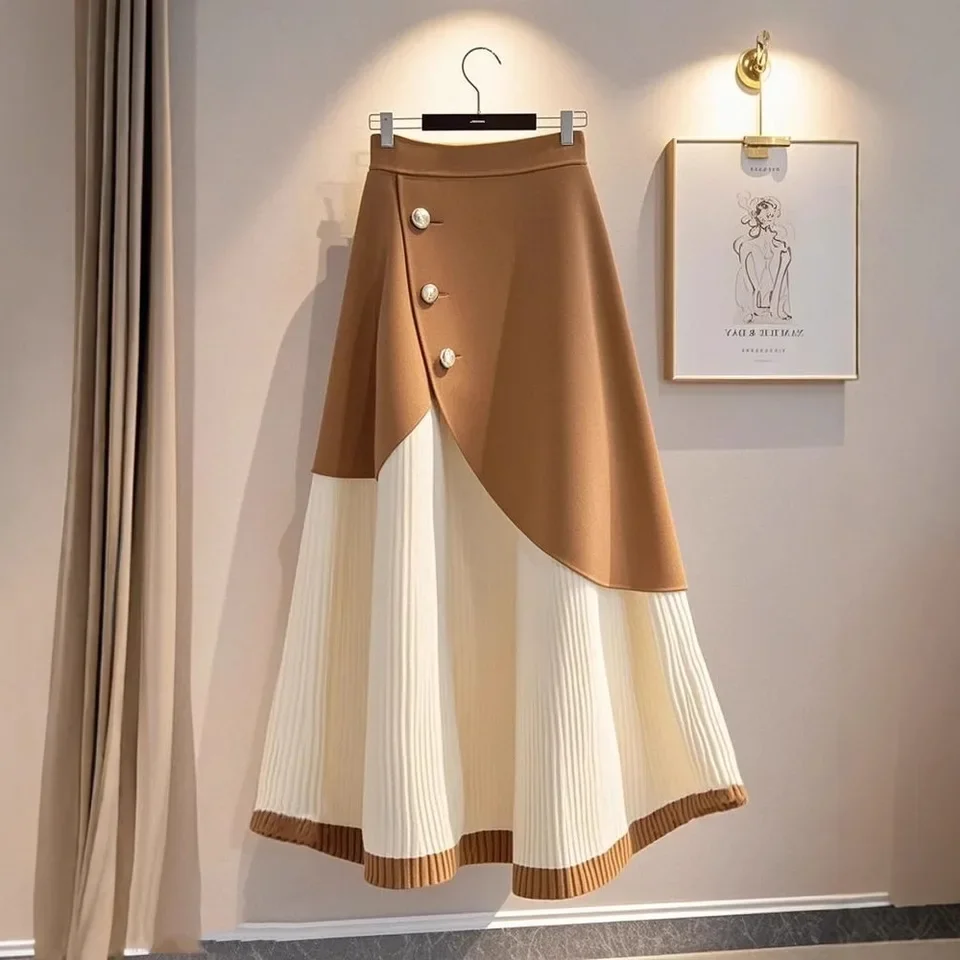 Winter New Arrivals Fashion Khaki Patchwork Button Decor Knit Skirt Women's Korean Style Office Style High-Waisted A-line Skirt