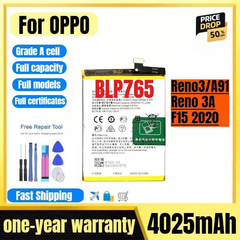 

BLP765 for OPPO Reno3/A91/Reno 3A/F15 2020 Phone Battery High Quality High Capacity Replacement Bateria Grade A Cell with Tools