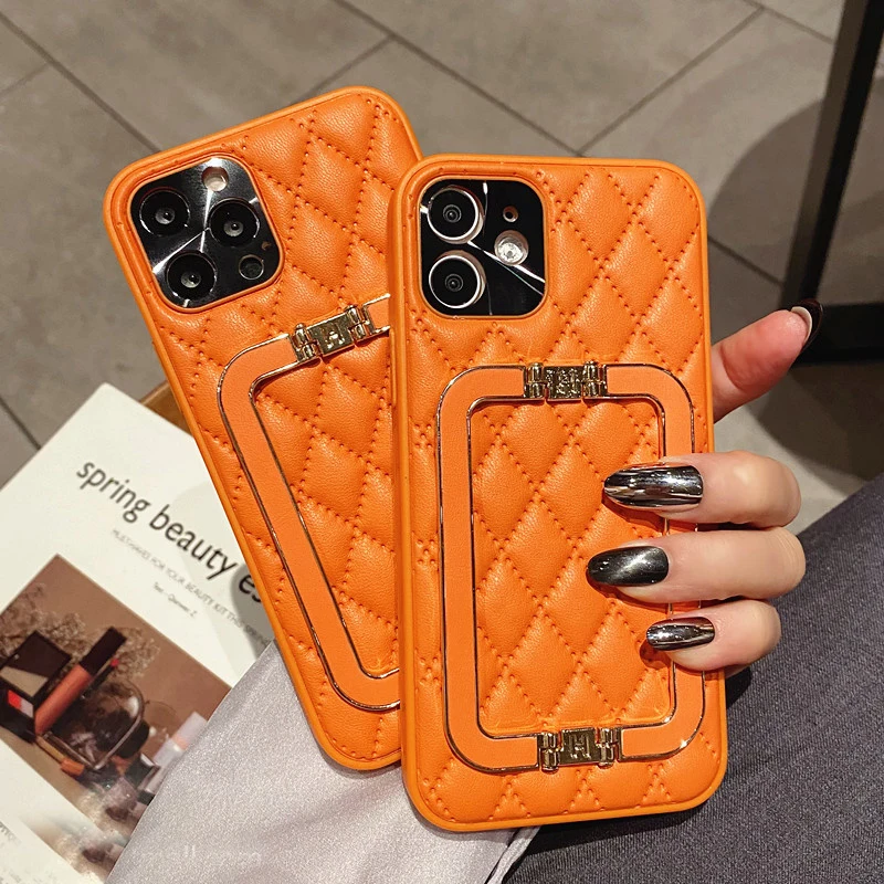 Fashion Metal Square Holder Orange lattice Leather Phone case For iPhone 13 12 11 Pro X XS Max XR 7 8 Plus Protection Cover