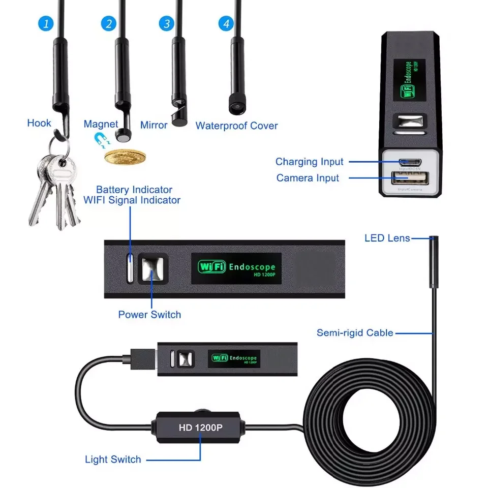 WIFI Industrial Endoscope Camera HD1200P 8mm Lens Borescope IP67 Waterproof For IPhone Smart Android USB PC Car Sewer Inspection