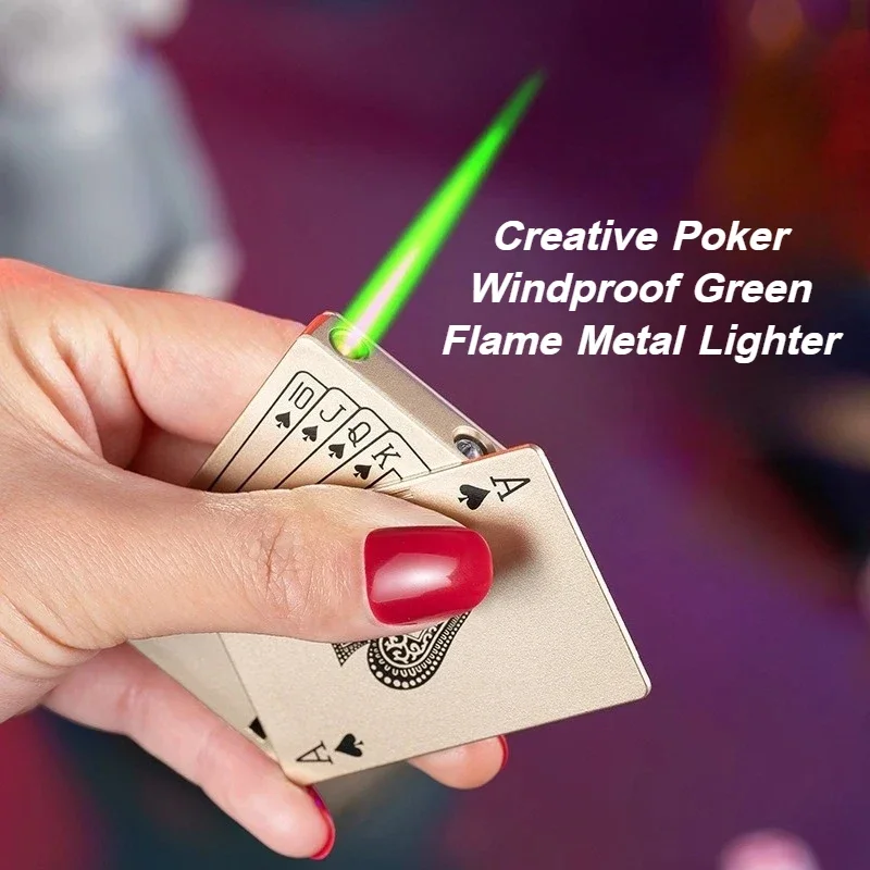 Creative Poker Style Metal Gas Lighter Side Slip Ignition Windproof Green Flame Lighter with Currency Check Lamp Men's Gift