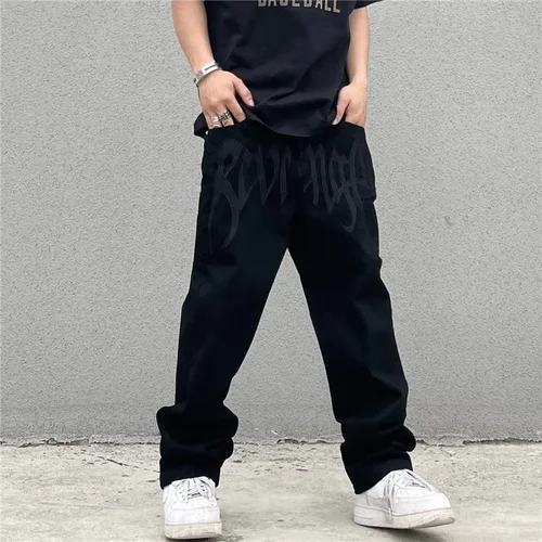 Imagen 2 del producto 2024 nuevo estilo americano letras bordadas negro pantalones vaqueros sueltos para hombres Retro calle Hip Hop Y2K pantalones vaqueros rectos para hombres