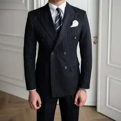 Metallic Stripe Business Formal Casual Double Breasted Dress Suit 2 Piece Wedding Suit For Men Office Work Party Prom Costume