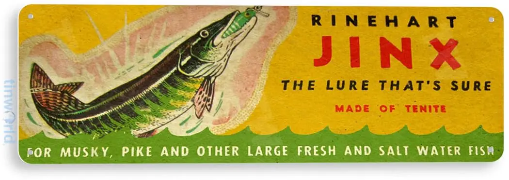 Tinworld Tin Sign Rinehart Jinx Lures Retro Rustic Fishing Fish Bait Tackle Marina Shop Cave B684