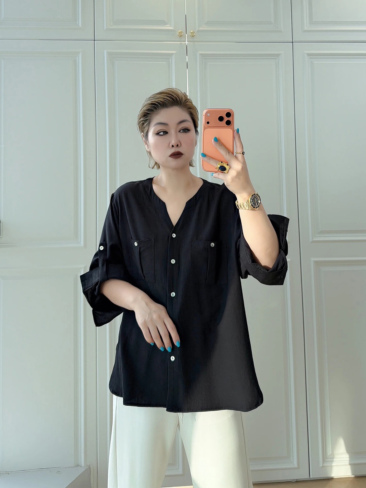 

Commuter Style V-Neck plus Size Shirt Seven Sleeve Casual Loose Fit Pure Color Slimming Top for Heavy Women Comfortable Cotto...