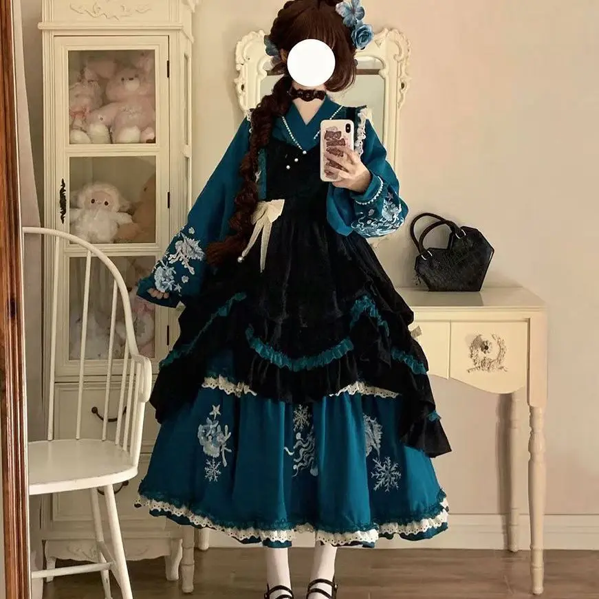 Conjunto de Vestido de Princesa Lolita Chino Original, Vestido Bordado Dulce y Elegante con Falda de Pana, Conjunto de 2 Piezas para Uso Diario y Fiestas, Hanfu para Mujer