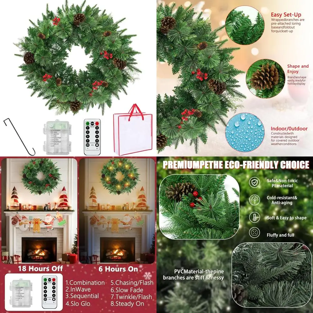 

36 Pre-Lit Christmas Wreath with 75 Warm White LEDs, Norwood Fir, Carolina Pine, Crestwood Spruce, Pine Cones & Berry Clusters -