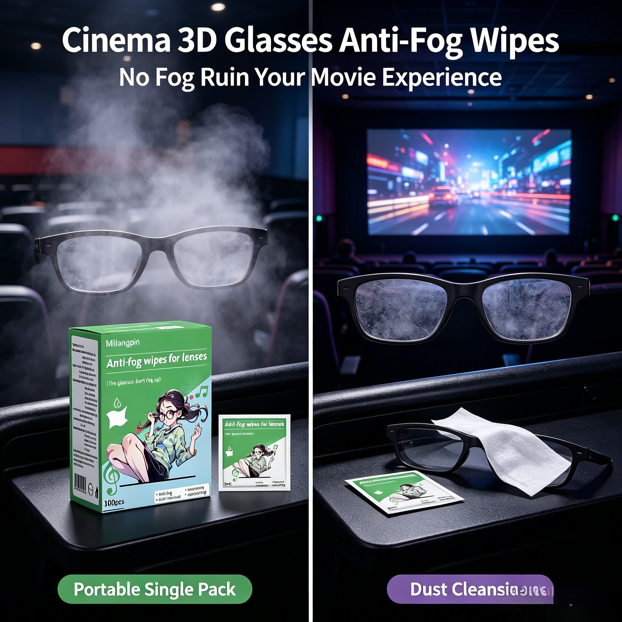 Long-lasting anti-fog and anti-dust eyeglass cleaning wipes; individually wrapped for easy carrying and storage;