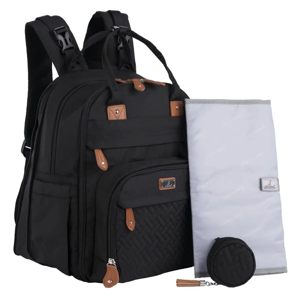 

Expandable Large Diaper Backpack with 50% More Capacity - Unisex Black Baby Travel Bag with Changing Pad, Stroller Straps & Paci