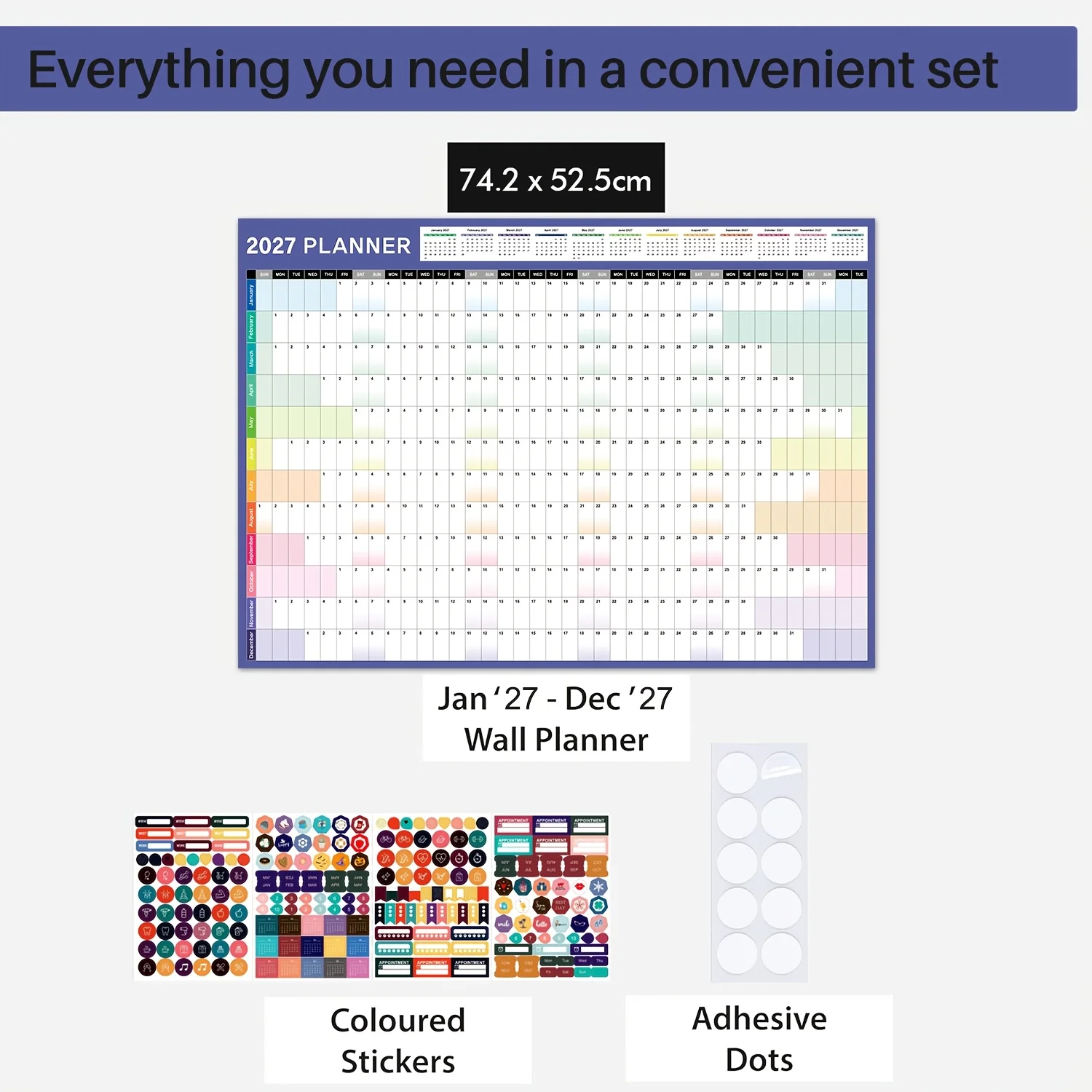 2027 Large Wall Calendar, Full‑Year View Wall Planner 29.2 x 20.7in with Stickers & Round Adhesive Dots for Home School Office