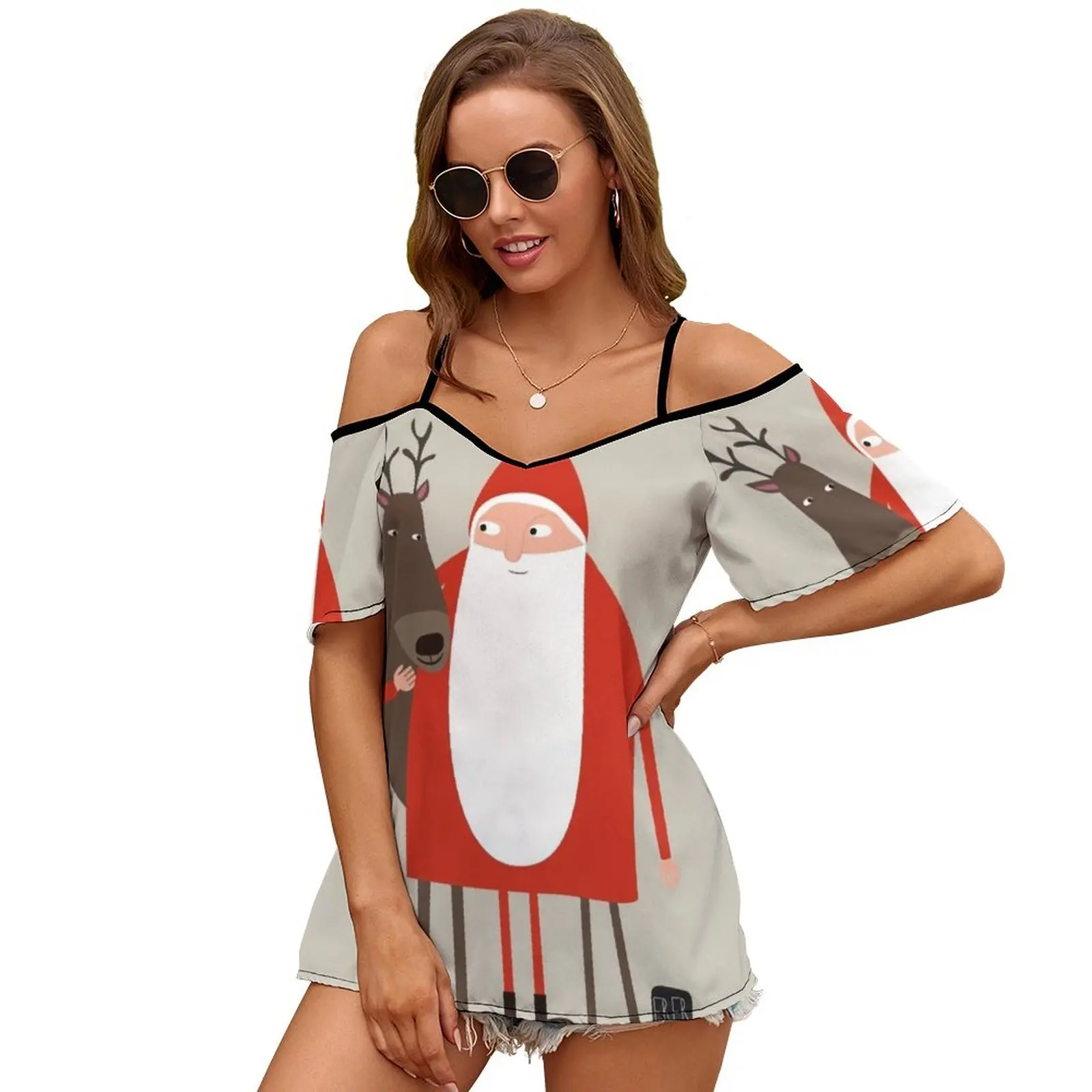 Santa And His Reindeer / Weihnachtsmann Mit Rentier 2298 Women Print T Shirt Casual Off Shoulder Loose Pullover Tops Fashion