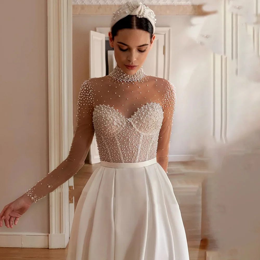 ヴィンテージ恋人ハイネックパールウェディングドレス長袖 A ラインボールドレスサテンホワイトプリンセスウェディングドレスカスタマイズ