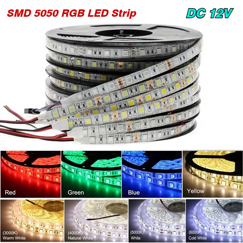 

12V 5050 RGB Led Light Strip TV Backlight Waterproof 5050 60Led/m 300 5M White 12 V Volt RGB Led Strip Light For Bedroom