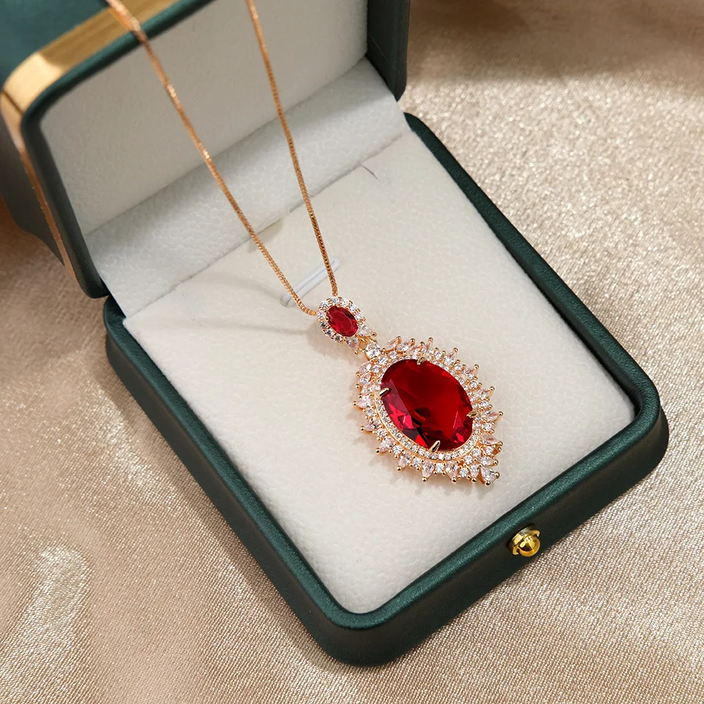 925 Sterling Silver Rose Gold Ruby Pendant Necklace Luxury Necklace Birthday Party Wedding Gift