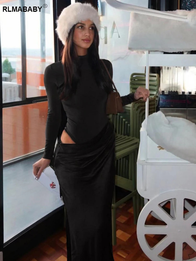 RLMABABY セクシーなホローアウトスプライスサテン レディース 秋冬 ロング ボディコン ドレス ハーフハイネック 長袖 ブラック スリム マキシドレス