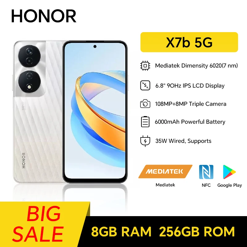 HONOR X7b 5G, 8GB+256GB, 6.8” Screen, Dual SIM, 108MP+8MP Triple Camera, Fast Charging, Android Phone