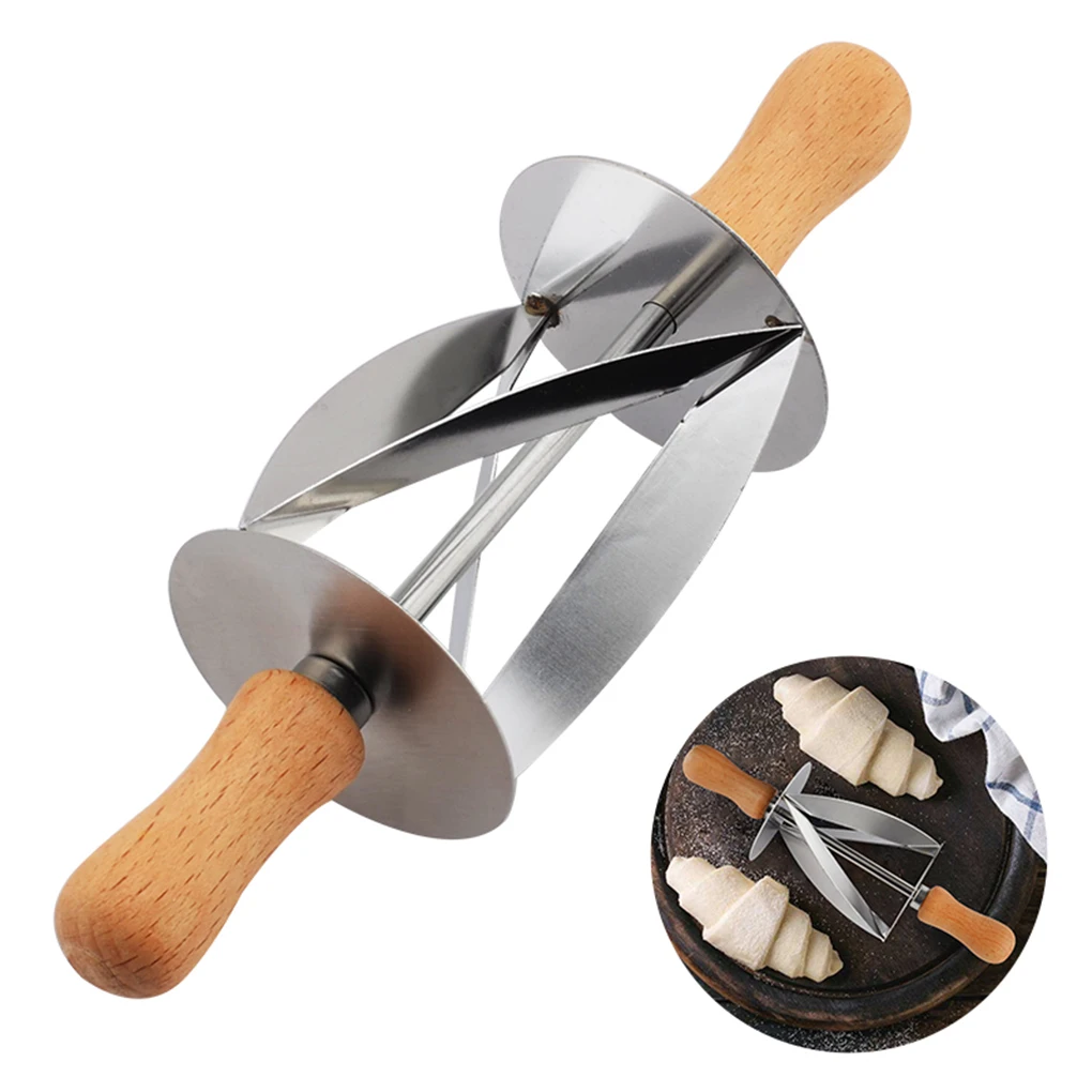 

For Making Croissant Bread Dough Stainless Steel Bread Rolling Cutter Wooden Handle Pastry Cutting Slicer Kitchen Baking Tool