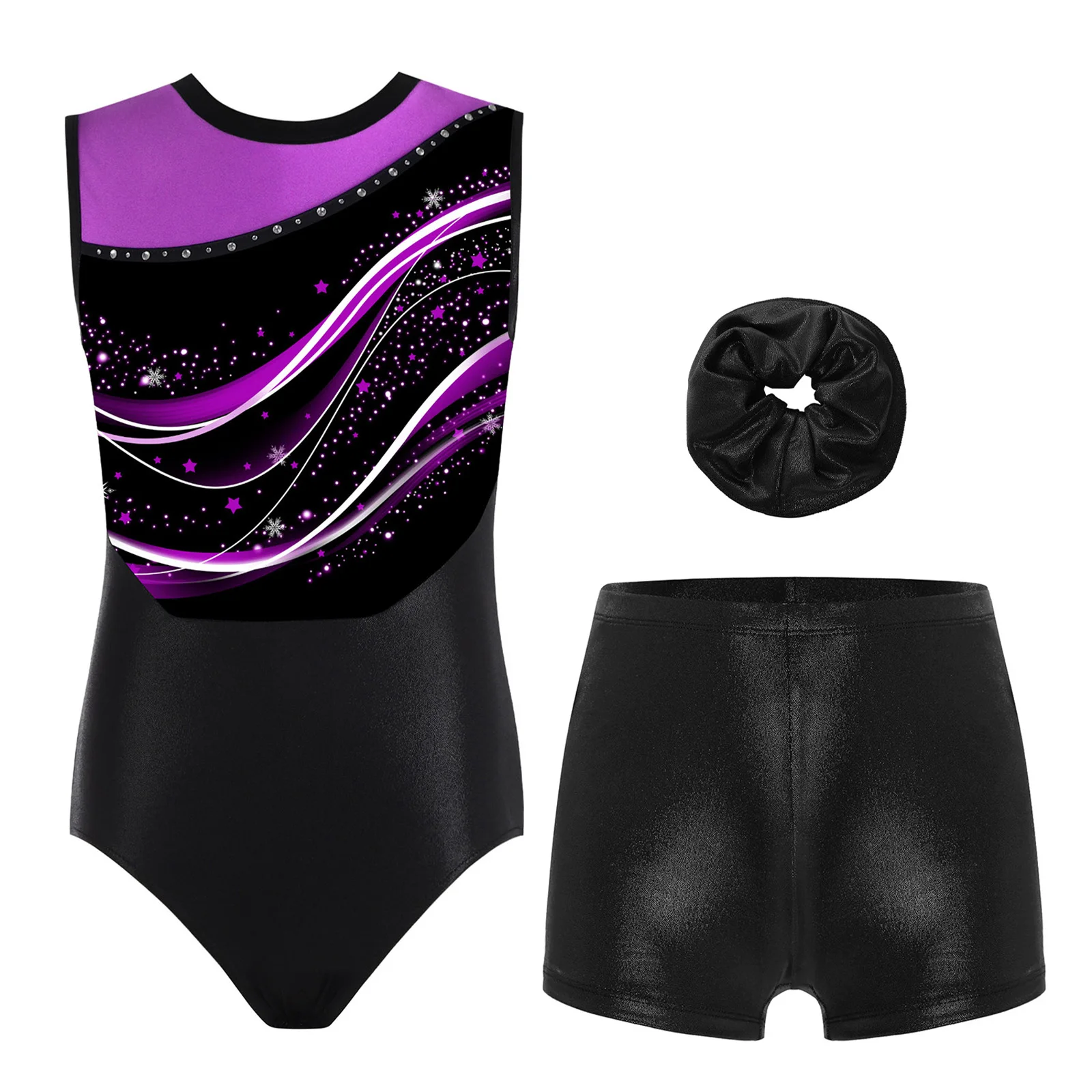 

Kids Girls Gymnastics Dance Outfit Sleeveless Print Color Block Leotard with Metallic Mini Dots Shorts and Hair Band 3Pcs/Set