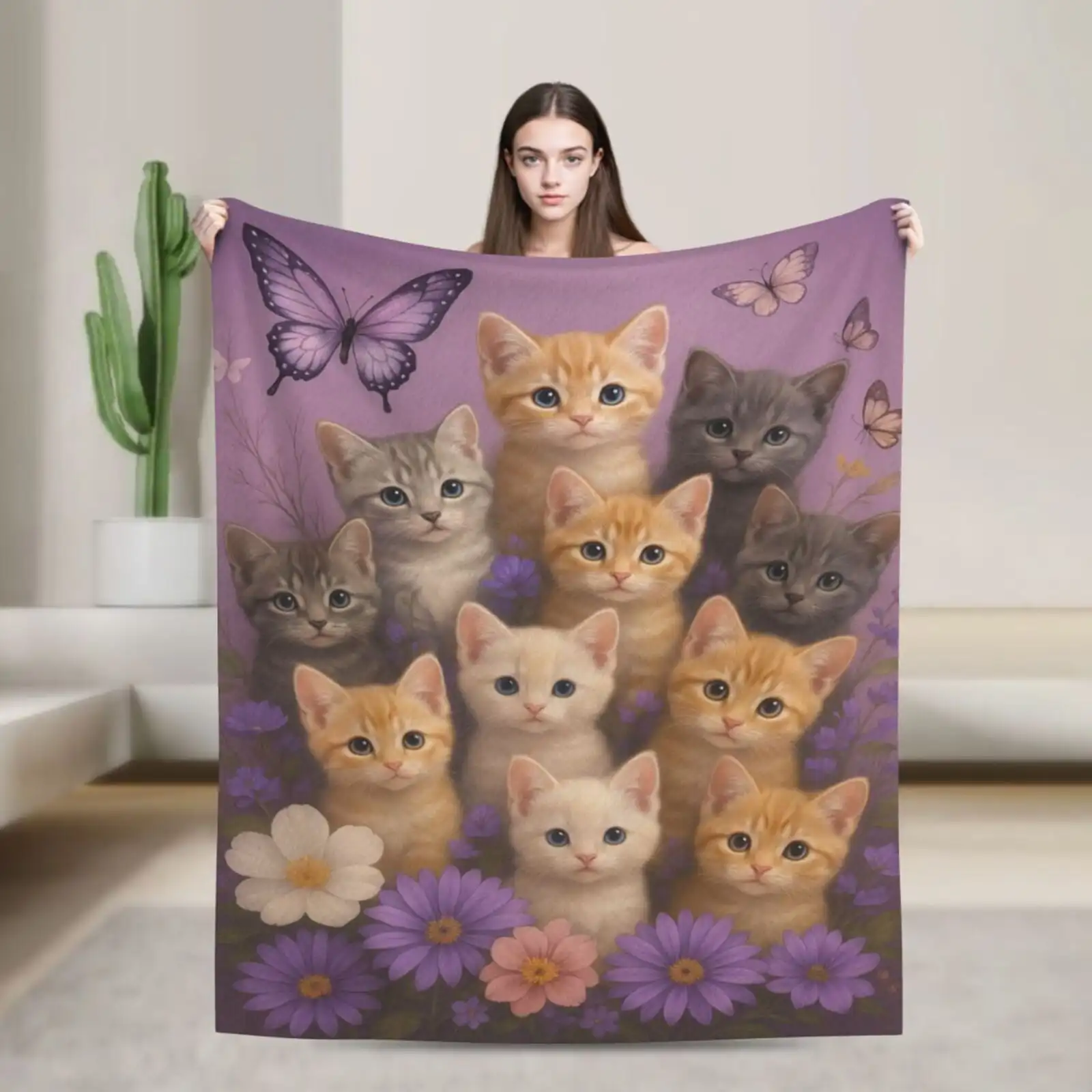 Adorable Kitten Blanket Cute Cat and Butterfly on Lavender Throw Blankets Gifts for Girls Women Adults Lightweight Soft