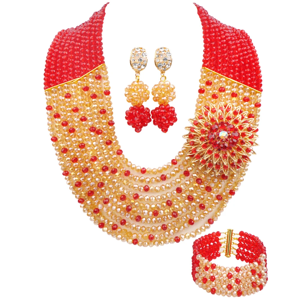 Nigerian Bride Wedding Jewelry Red Champagne Gold AB Crystal Set African Jewelry