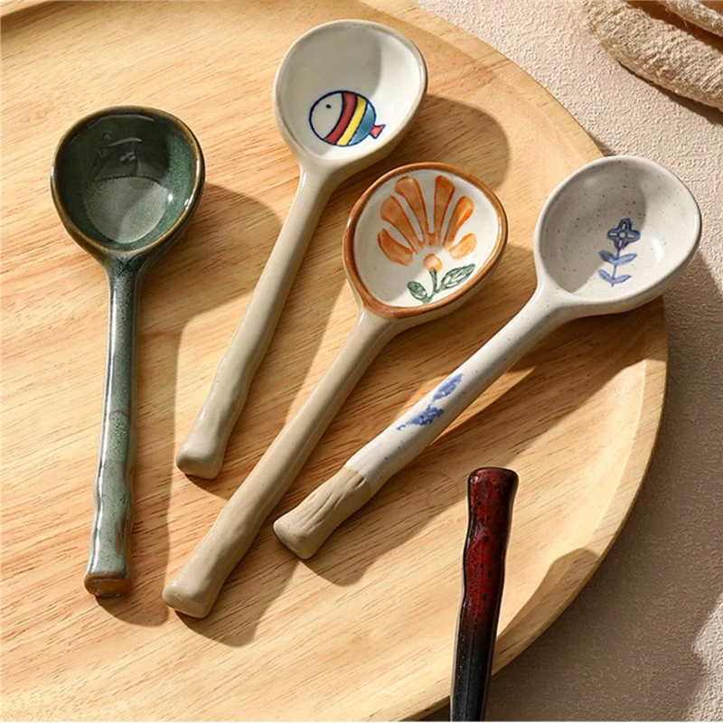Japanese-style Cute Creamic Soup Spoon Small Coffee Tea Mixing Stickers Pretty Dessert Porridge Spoon Restaurant Table Service