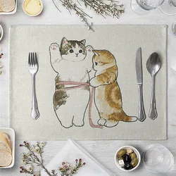 2023 Funny Cat Decorations Placemat Polysterflax Blended Yarn Dining Table Mats Coaster  Bowl Coffee Cup Mat Napkin