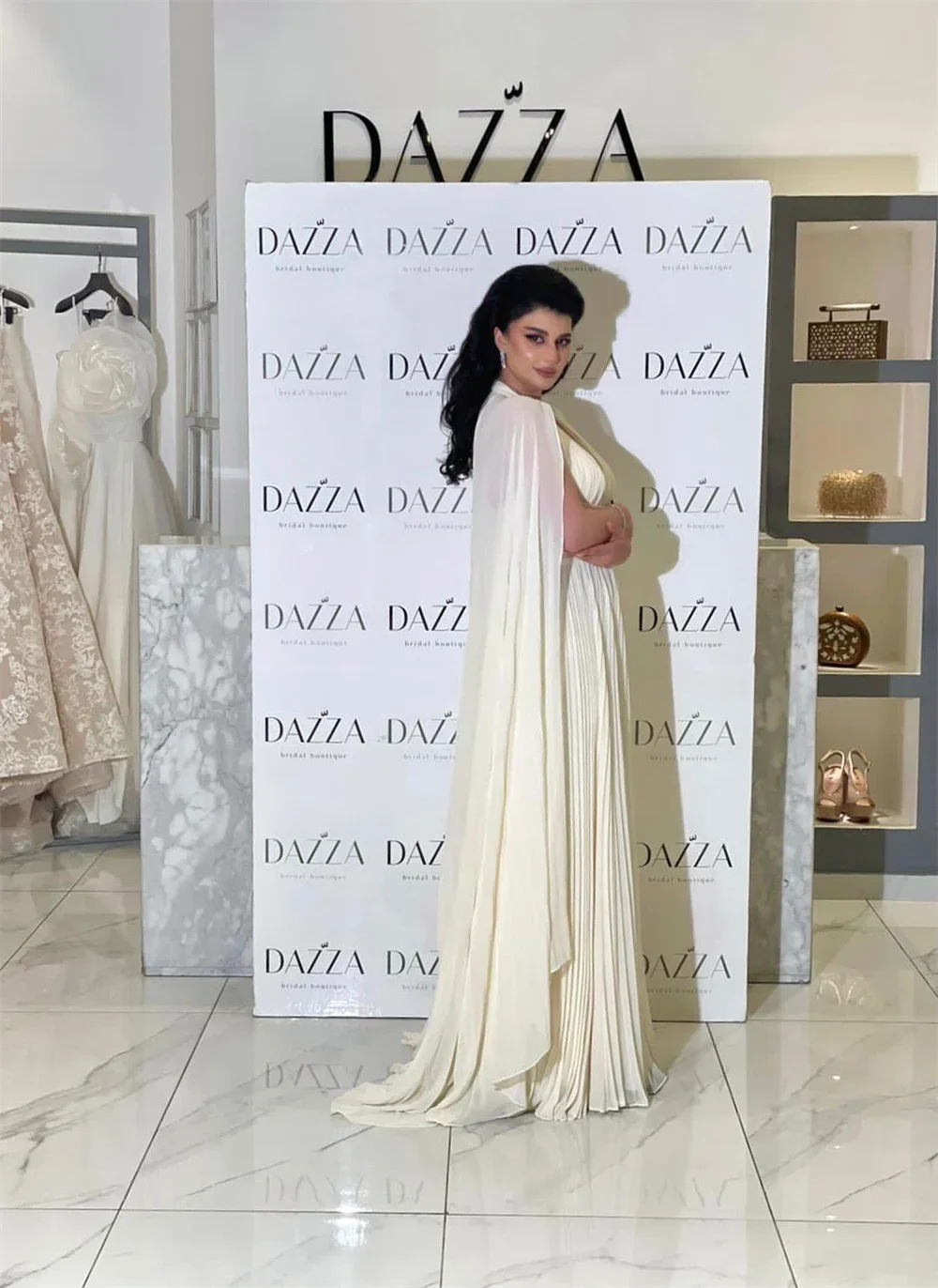 Customized Luxury Ivory Cape Sleeve Chiffon Evening Dress Elegant V-neck A-line Party Dress  Elegant High Quality Formal Cla