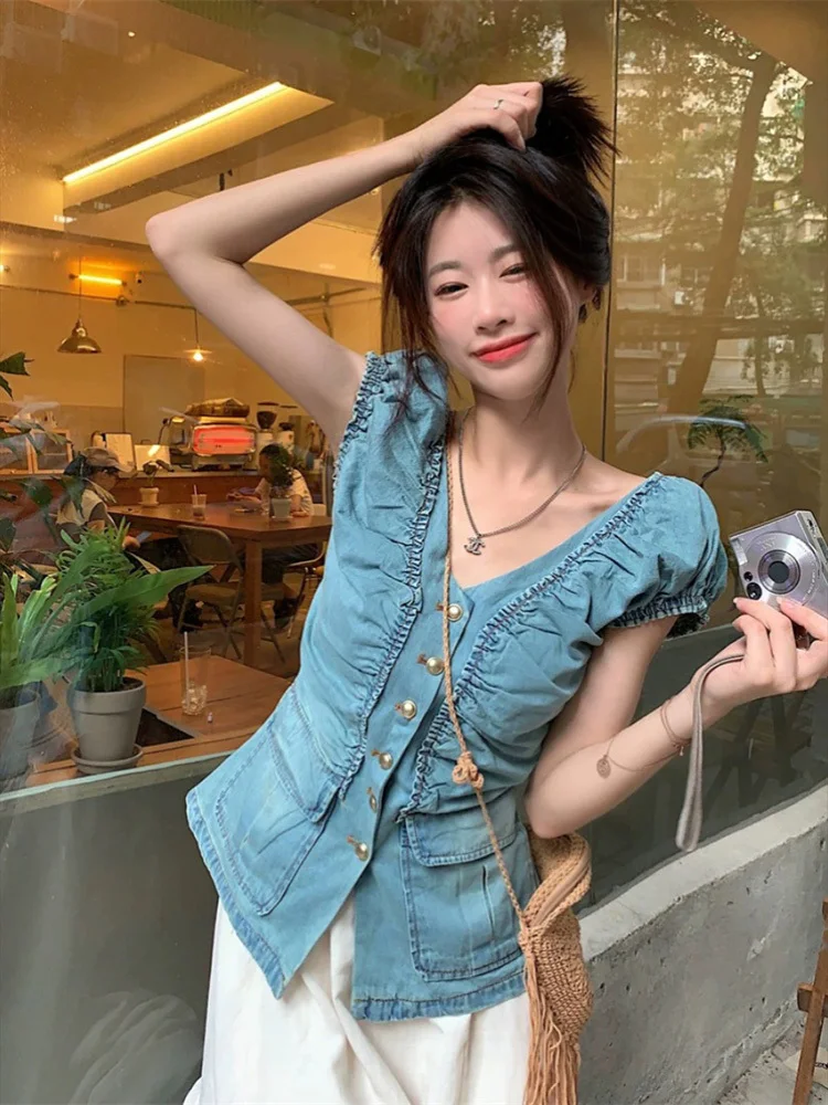 

V-neck Vest Pleats Design Skinny Sleeveless Y2k Clothing Vintage Solid Summer Woman Blouse Korean Fashion Ropa De Mujer