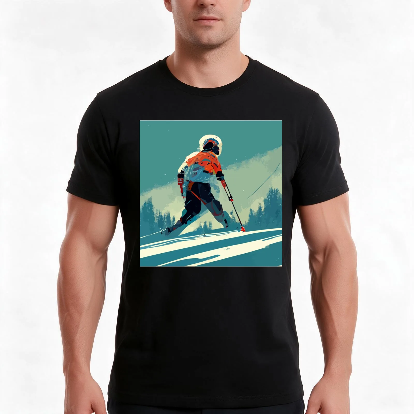 Ski race po skier while skiing T-Shirt, Summer Casual Cotton Tee, Oversized Streetwear Tops, Vintage Graphic Print, 100% Cotton