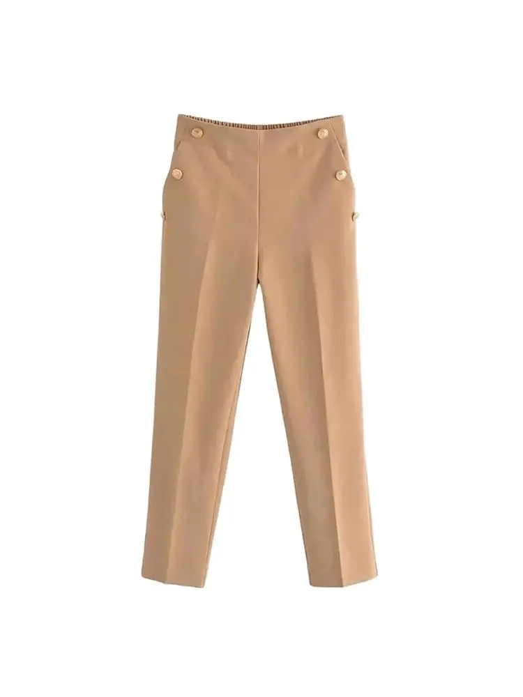 Women Fashion With Metallic Button Straight Pants Vintage High Waist Back Elastic Waistband Female Ankle Trousers Mujer