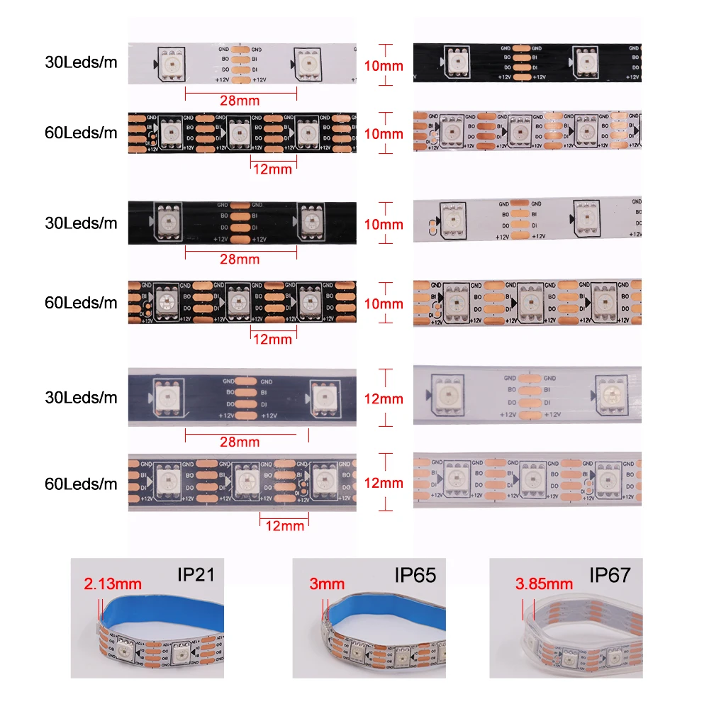 WS2813 WS2815 RGB LED Pixel Strips Individually Addressable 30/60/144Leds/M Dream Color Smart Tape Light IP30/65/67 DC5V DC12V