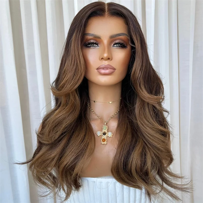 

Новый в Ombre Медово-коричневый HD Невидимый парик фронта шнурка с темными корнями Парик из термостойкого волокна для белых черных женщин Свободная волна